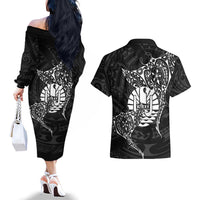 French Polynesia Manta Ray Tattoo Couples Matching Off The Shoulder Long Sleeve Dress and Hawaiian Shirt Tahiti Hahalua Turtle Shark Black Color LT14 - Polynesian Pride
