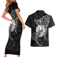 French Polynesia Manta Ray Tattoo Couples Matching Short Sleeve Bodycon Dress and Hawaiian Shirt Tahiti Hahalua Turtle Shark Black Color LT14 - Polynesian Pride