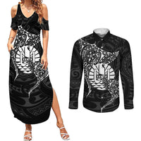 French Polynesia Manta Ray Tattoo Couples Matching Summer Maxi Dress and Long Sleeve Button Shirt Tahiti Hahalua Turtle Shark Black Color LT14 Black - Polynesian Pride