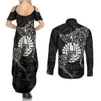 French Polynesia Manta Ray Tattoo Couples Matching Summer Maxi Dress and Long Sleeve Button Shirt Tahiti Hahalua Turtle Shark Black Color LT14 - Polynesian Pride