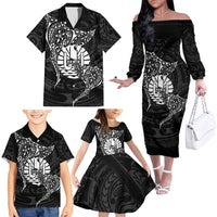 French Polynesia Manta Ray Tattoo Family Matching Off The Shoulder Long Sleeve Dress and Hawaiian Shirt Tahiti Hahalua Turtle Shark Black Color LT14 - Polynesian Pride