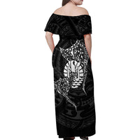 French Polynesia Manta Ray Tattoo Family Matching Off Shoulder Maxi Dress and Hawaiian Shirt Tahiti Hahalua Turtle Shark Black Color LT14 - Polynesian Pride