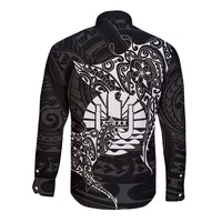 French Polynesia Manta Ray Tattoo Long Sleeve Button Shirt Tahiti Hahalua Turtle Shark Black Color
