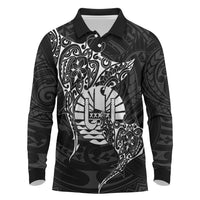 French Polynesia Manta Ray Tattoo Long Sleeve Polo Shirt Tahiti Hahalua Turtle Shark Black Color LT14 Black - Polynesian Pride