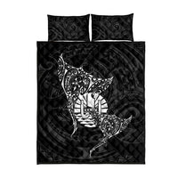 French Polynesia Manta Ray Tattoo Quilt Bed Set Tahiti Hahalua Turtle Shark Black Color