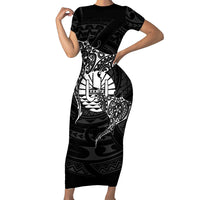 French Polynesia Manta Ray Tattoo Short Sleeve Bodycon Dress Tahiti Hahalua Turtle Shark Black Color LT14 Long Dress Black - Polynesian Pride
