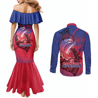 Guam Blue Marlin Fishing Couples Matching Mermaid Dress and Long Sleeve Button Shirt Guahan Fish Hook Tattoo LT14 - Polynesian Pride