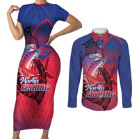 Guam Blue Marlin Fishing Couples Matching Short Sleeve Bodycon Dress and Long Sleeve Button Shirt Guahan Fish Hook Tattoo LT14 Blue - Polynesian Pride
