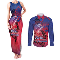 Guam Blue Marlin Fishing Couples Matching Tank Maxi Dress and Long Sleeve Button Shirt Guahan Fish Hook Tattoo LT14 Blue - Polynesian Pride