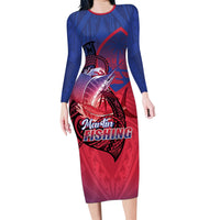 Guam Blue Marlin Fishing Family Matching Long Sleeve Bodycon Dress and Hawaiian Shirt Guahan Fish Hook Tattoo LT14 Mom's Dress Blue - Polynesian Pride