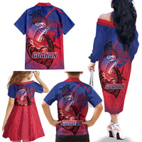 Guam Blue Marlin Fishing Family Matching Off The Shoulder Long Sleeve Dress and Hawaiian Shirt Guahan Fish Hook Tattoo LT14 - Polynesian Pride