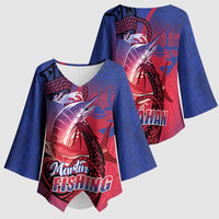 Guam Blue Marlin Fishing Kimono Sleeve Blouse Guahan Fish Hook Tattoo