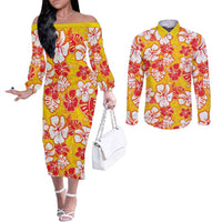 Yellow Hawaii Hibiscus Couples Matching Off The Shoulder Long Sleeve Dress and Long Sleeve Button Shirt Tropical Flowers Seamless Pattern LT14 Yellow - Polynesian Pride