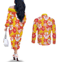 Yellow Hawaii Hibiscus Couples Matching Off The Shoulder Long Sleeve Dress and Long Sleeve Button Shirt Tropical Flowers Seamless Pattern LT14 - Polynesian Pride