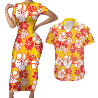 Yellow Hawaii Hibiscus Couples Matching Short Sleeve Bodycon Dress and Hawaiian Shirt Tropical Flowers Seamless Pattern LT14 Yellow - Polynesian Pride