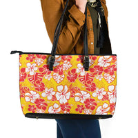 Yellow Hawaii Hibiscus Leather Tote Bag Tropical Flowers Seamless Pattern - Polynesian Pride