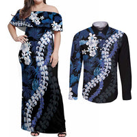 Polu Aloha Hawaii Lei Couples Matching Off Shoulder Maxi Dress and Long Sleeve Button Shirt Tropical Flowers Elegant Vibe LT14 Blue - Polynesian Pride