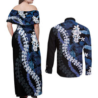 Polu Aloha Hawaii Lei Couples Matching Off Shoulder Maxi Dress and Long Sleeve Button Shirt Tropical Flowers Elegant Vibe LT14 - Polynesian Pride