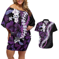 Poni Aloha Hawaii Lei Couples Matching Off Shoulder Short Dress and Hawaiian Shirt Tropical Flowers Elegant Vibe LT14 Purple - Polynesian Pride
