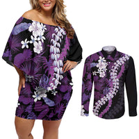 Poni Aloha Hawaii Lei Couples Matching Off Shoulder Short Dress and Long Sleeve Button Shirt Tropical Flowers Elegant Vibe LT14 Purple - Polynesian Pride