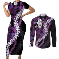 Poni Aloha Hawaii Lei Couples Matching Short Sleeve Bodycon Dress and Long Sleeve Button Shirt Tropical Flowers Elegant Vibe LT14 Purple - Polynesian Pride