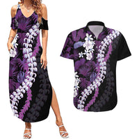 Poni Aloha Hawaii Lei Couples Matching Summer Maxi Dress and Hawaiian Shirt Tropical Flowers Elegant Vibe LT14 Purple - Polynesian Pride