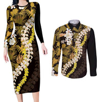 Kula Aloha Hawaii Lei Couples Matching Long Sleeve Bodycon Dress and Long Sleeve Button Shirt Tropical Flowers Elegant Vibe LT14 Gold - Polynesian Pride
