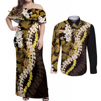 Kula Aloha Hawaii Lei Couples Matching Off Shoulder Maxi Dress and Long Sleeve Button Shirt Tropical Flowers Elegant Vibe LT14 Gold - Polynesian Pride