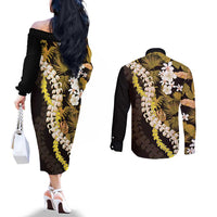 Kula Aloha Hawaii Lei Couples Matching Off The Shoulder Long Sleeve Dress and Long Sleeve Button Shirt Tropical Flowers Elegant Vibe LT14 - Polynesian Pride