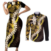 Kula Aloha Hawaii Lei Couples Matching Short Sleeve Bodycon Dress and Long Sleeve Button Shirt Tropical Flowers Elegant Vibe LT14 Gold - Polynesian Pride