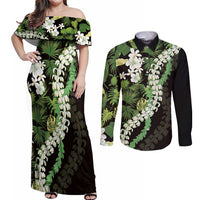 Omaomao Aloha Hawaii Lei Couples Matching Off Shoulder Maxi Dress and Long Sleeve Button Shirt Tropical Flowers Elegant Vibe LT14 Green - Polynesian Pride
