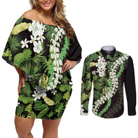 Omaomao Aloha Hawaii Lei Couples Matching Off Shoulder Short Dress and Long Sleeve Button Shirt Tropical Flowers Elegant Vibe LT14 Green - Polynesian Pride