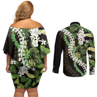 Omaomao Aloha Hawaii Lei Couples Matching Off Shoulder Short Dress and Long Sleeve Button Shirt Tropical Flowers Elegant Vibe LT14 - Polynesian Pride