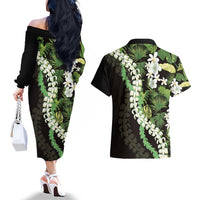 Omaomao Aloha Hawaii Lei Couples Matching Off The Shoulder Long Sleeve Dress and Hawaiian Shirt Tropical Flowers Elegant Vibe LT14 - Polynesian Pride