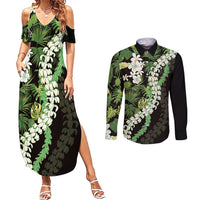 Omaomao Aloha Hawaii Lei Couples Matching Summer Maxi Dress and Long Sleeve Button Shirt Tropical Flowers Elegant Vibe LT14 Green - Polynesian Pride