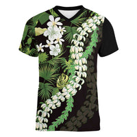 Omaomao Aloha Hawaii Lei Women V-Neck T-Shirt Tropical Flowers Elegant Vibe LT14 Female Green - Polynesian Pride