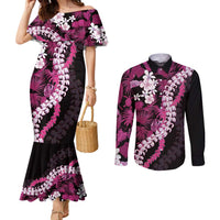 Akala Aloha Hawaii Lei Couples Matching Mermaid Dress and Long Sleeve Button Shirt Tropical Flowers Elegant Vibe LT14 Pink - Polynesian Pride