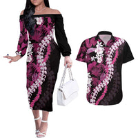 Akala Aloha Hawaii Lei Couples Matching Off The Shoulder Long Sleeve Dress and Hawaiian Shirt Tropical Flowers Elegant Vibe LT14 Pink - Polynesian Pride