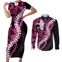 Akala Aloha Hawaii Lei Couples Matching Short Sleeve Bodycon Dress and Long Sleeve Button Shirt Tropical Flowers Elegant Vibe LT14 Pink - Polynesian Pride