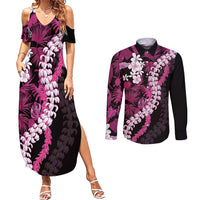Akala Aloha Hawaii Lei Couples Matching Summer Maxi Dress and Long Sleeve Button Shirt Tropical Flowers Elegant Vibe LT14 Pink - Polynesian Pride