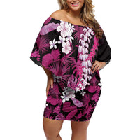 Akala Aloha Hawaii Lei Family Matching Off Shoulder Short Dress and Hawaiian Shirt Tropical Flowers Elegant Vibe LT14 Mom's Dress Pink - Polynesian Pride