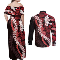 Ulaula Aloha Hawaii Lei Couples Matching Off Shoulder Maxi Dress and Long Sleeve Button Shirt Tropical Flowers Elegant Vibe LT14 - Polynesian Pride