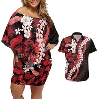 Ulaula Aloha Hawaii Lei Couples Matching Off Shoulder Short Dress and Hawaiian Shirt Tropical Flowers Elegant Vibe LT14 Red - Polynesian Pride