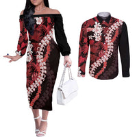 Ulaula Aloha Hawaii Lei Couples Matching Off The Shoulder Long Sleeve Dress and Long Sleeve Button Shirt Tropical Flowers Elegant Vibe LT14 Red - Polynesian Pride