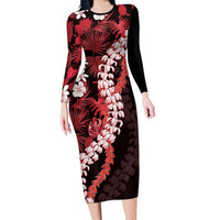 Ulaula Aloha Hawaii Lei Family Matching Long Sleeve Bodycon Dress and Hawaiian Shirt Tropical Flowers Elegant Vibe LT14 Mom's Dress Red - Polynesian Pride