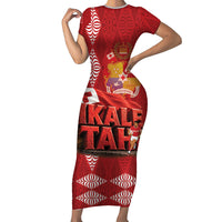 Tonga Rugby Custom Family Matching Short Sleeve Bodycon Dress and Hawaiian Shirt 2026 Go Ikale Tahi Ngatu Pattern LT14 Mom's Dress Red - Polynesian Pride