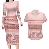 Pastel Pink Samoa Siapo Teuila Flowers Couples Matching Long Sleeve Bodycon Dress and Hawaiian Shirt LT14 Pastel Pink - Polynesian Pride