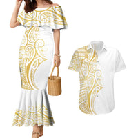 Polynesia White Sunday Couples Matching Mermaid Dress and Hawaiian Shirt Plumeria Polynesian Tribal Gold Color LT14 White - Polynesian Pride