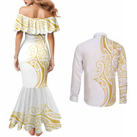 Polynesia White Sunday Couples Matching Mermaid Dress and Long Sleeve Button Shirt Plumeria Polynesian Tribal Gold Color LT14 - Polynesian Pride