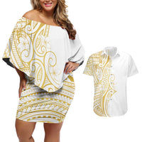 Polynesia White Sunday Couples Matching Off Shoulder Short Dress and Hawaiian Shirt Plumeria Polynesian Tribal Gold Color LT14 White - Polynesian Pride